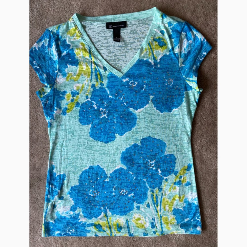 INC Blue & Mint Floral Print Top